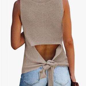 Tie back sleeveless knit sweater. NWOT. Size S. Light brown/tan.